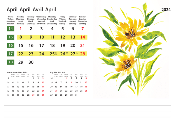 Calendrier de bureau Flower Art 2024 - Avril