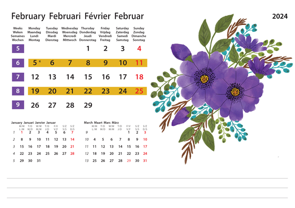 Calendrier de bureau Flower Art 2024 – Février