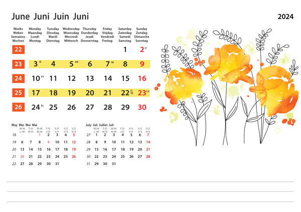 Calendrier de bureau Flower Art 2024 - Juin