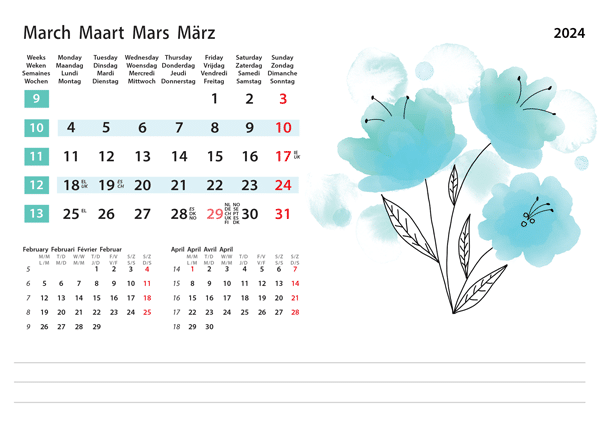 Calendrier de bureau Flower Art 2024 - Mars