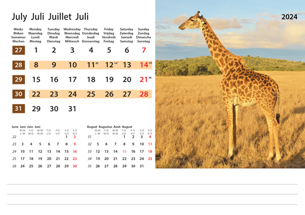 Calendrier de bureau Wildlife 2024 – Juillet