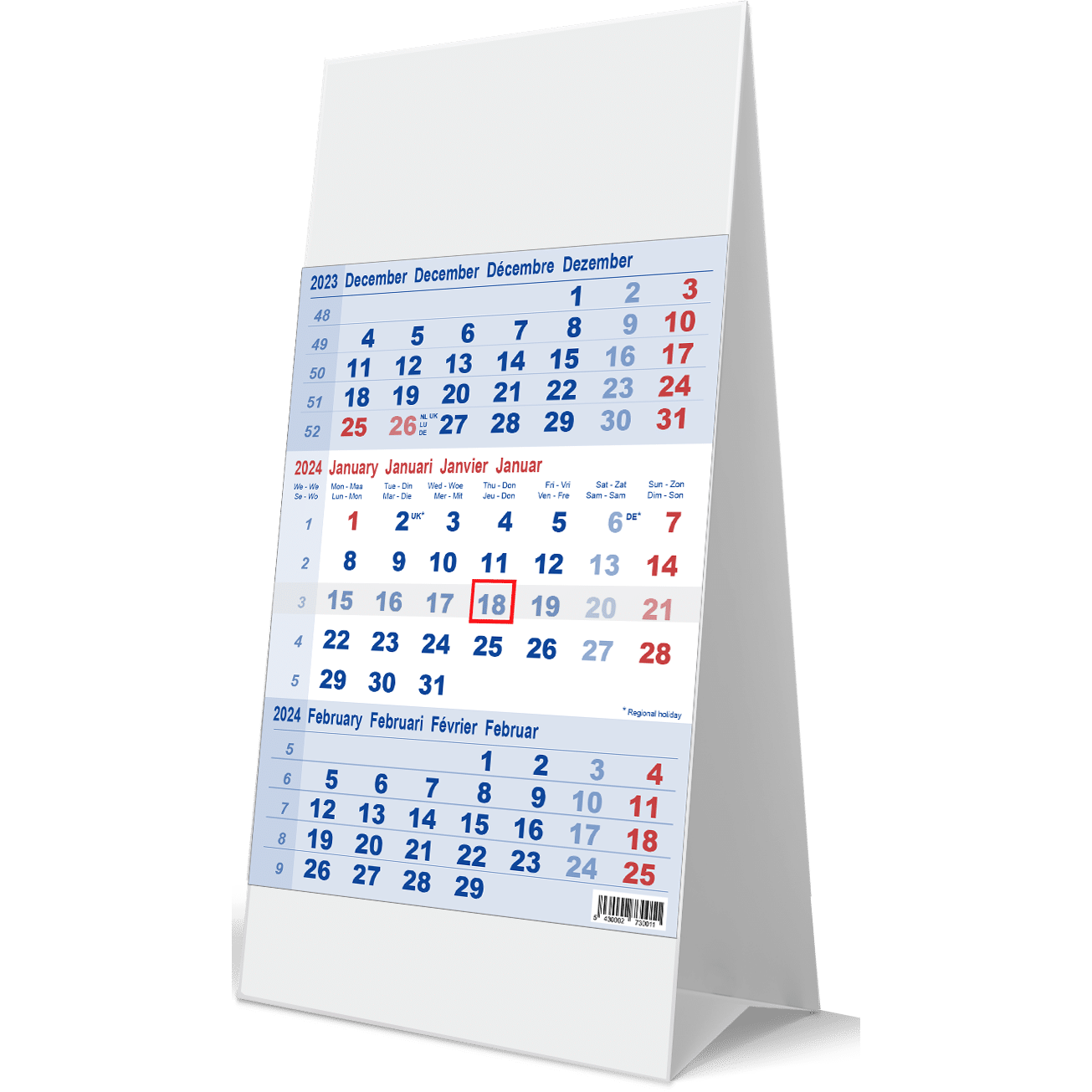 Calendrier de bureau 3 mois 2024 bleu