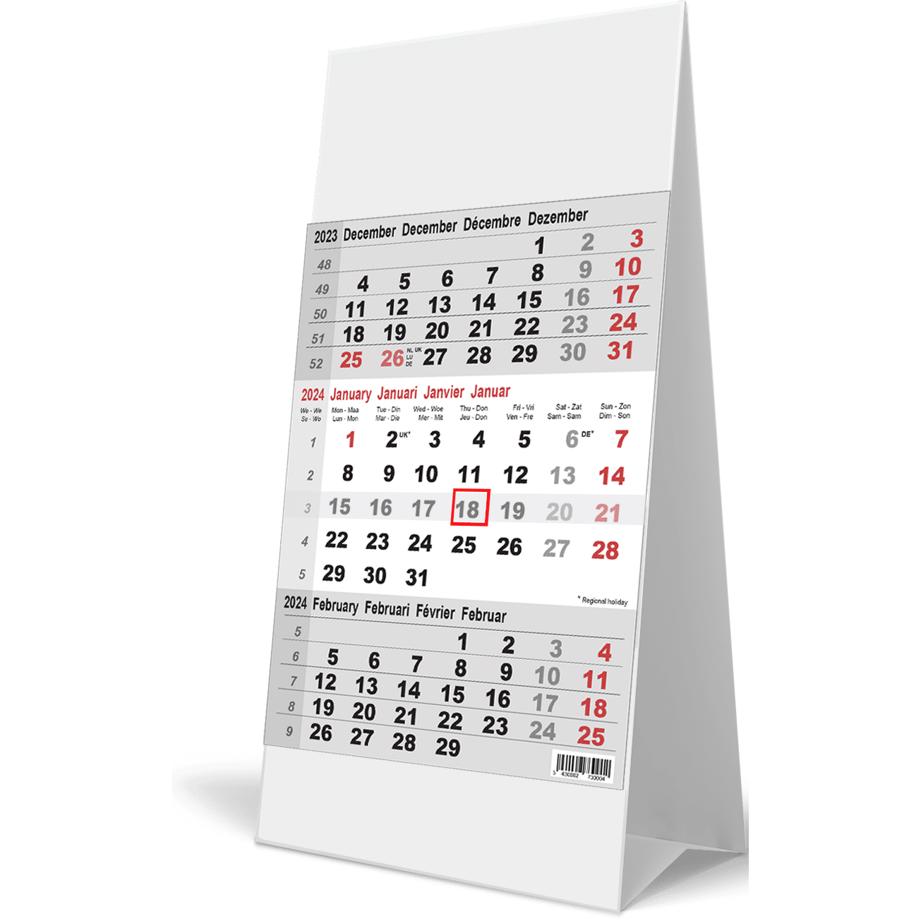 Calendrier de bureau 3 mois 2024 gris