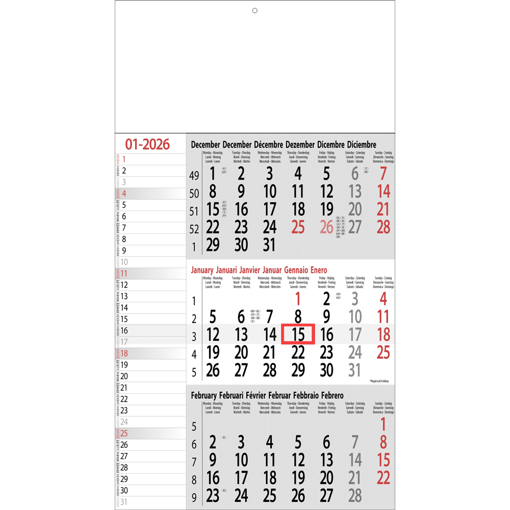 Calendrier trimestriel Mémo 2026 gris