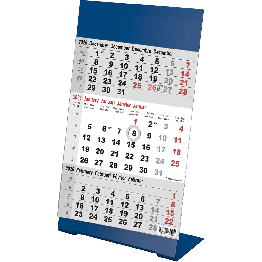 Calendrier de bureau 3 mois Color bleu 2026