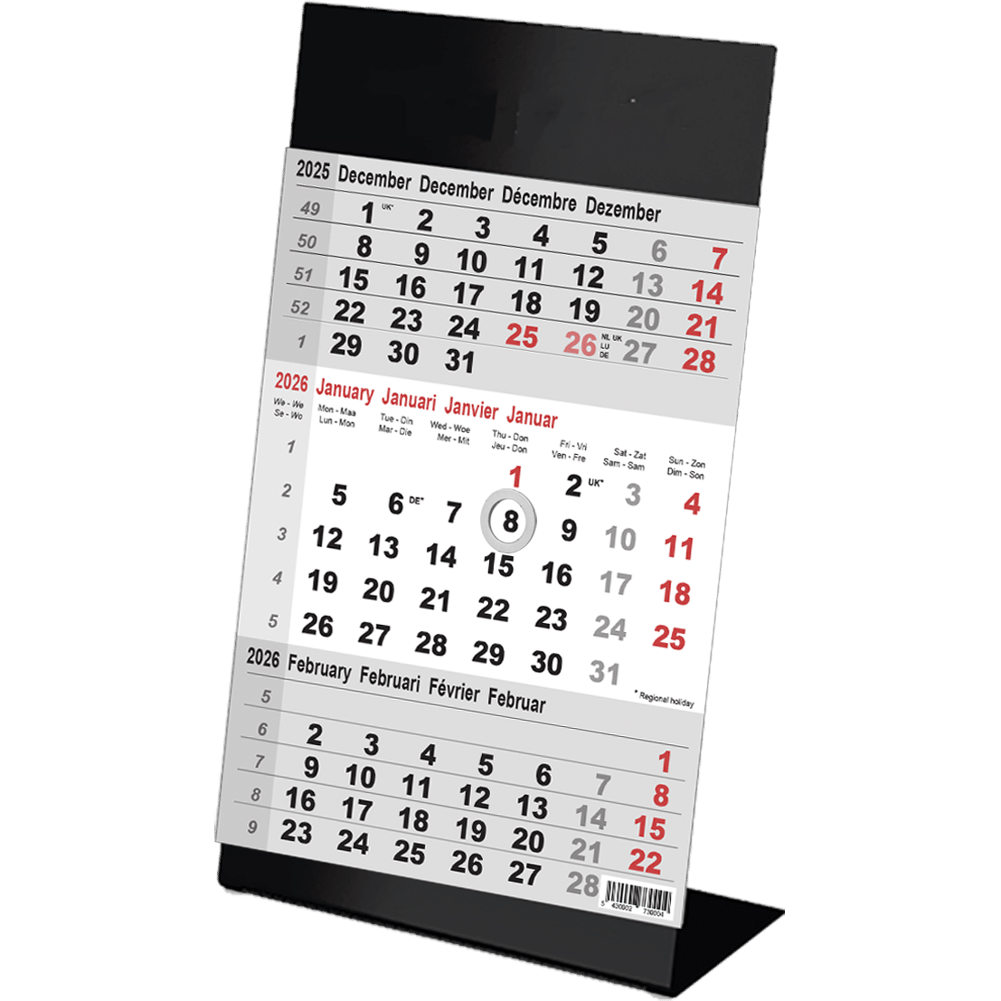 Calendrier de bureau 3 mois Color noir 2026
