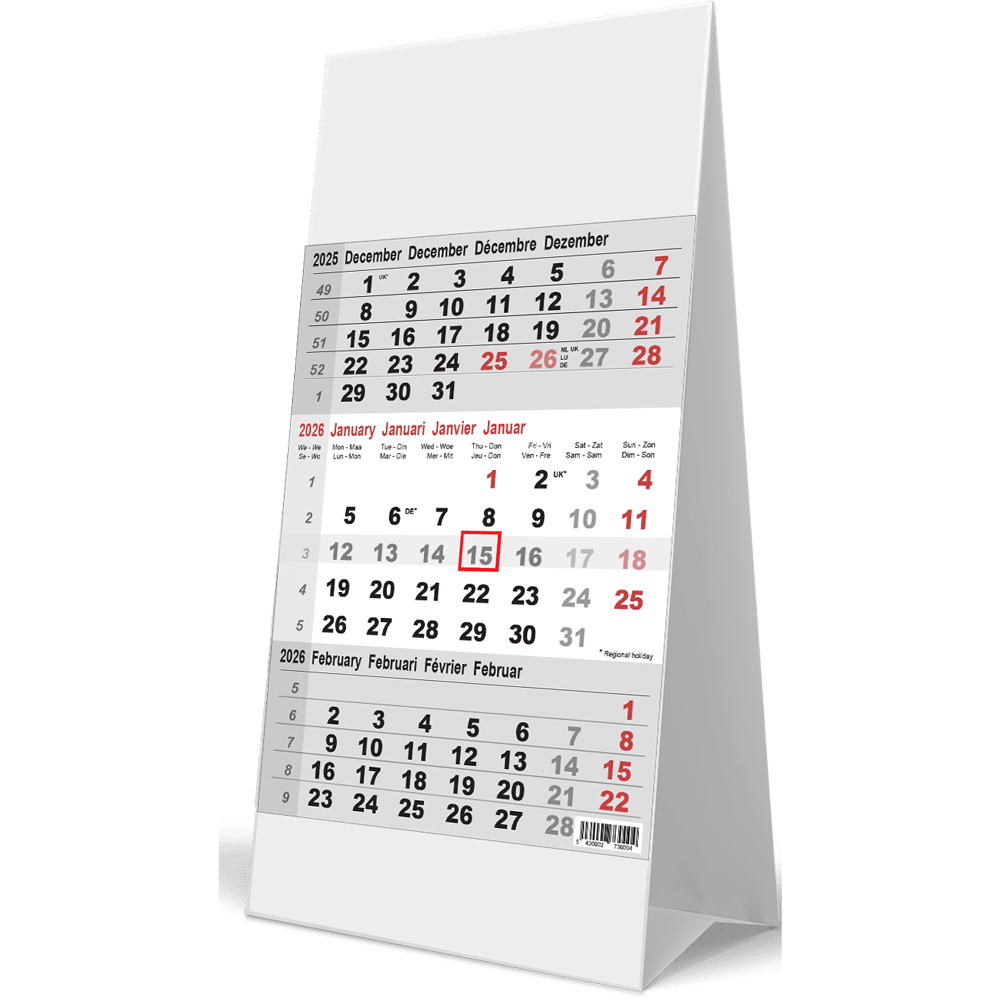 Calendrier de bureau 3 mois gris 2026