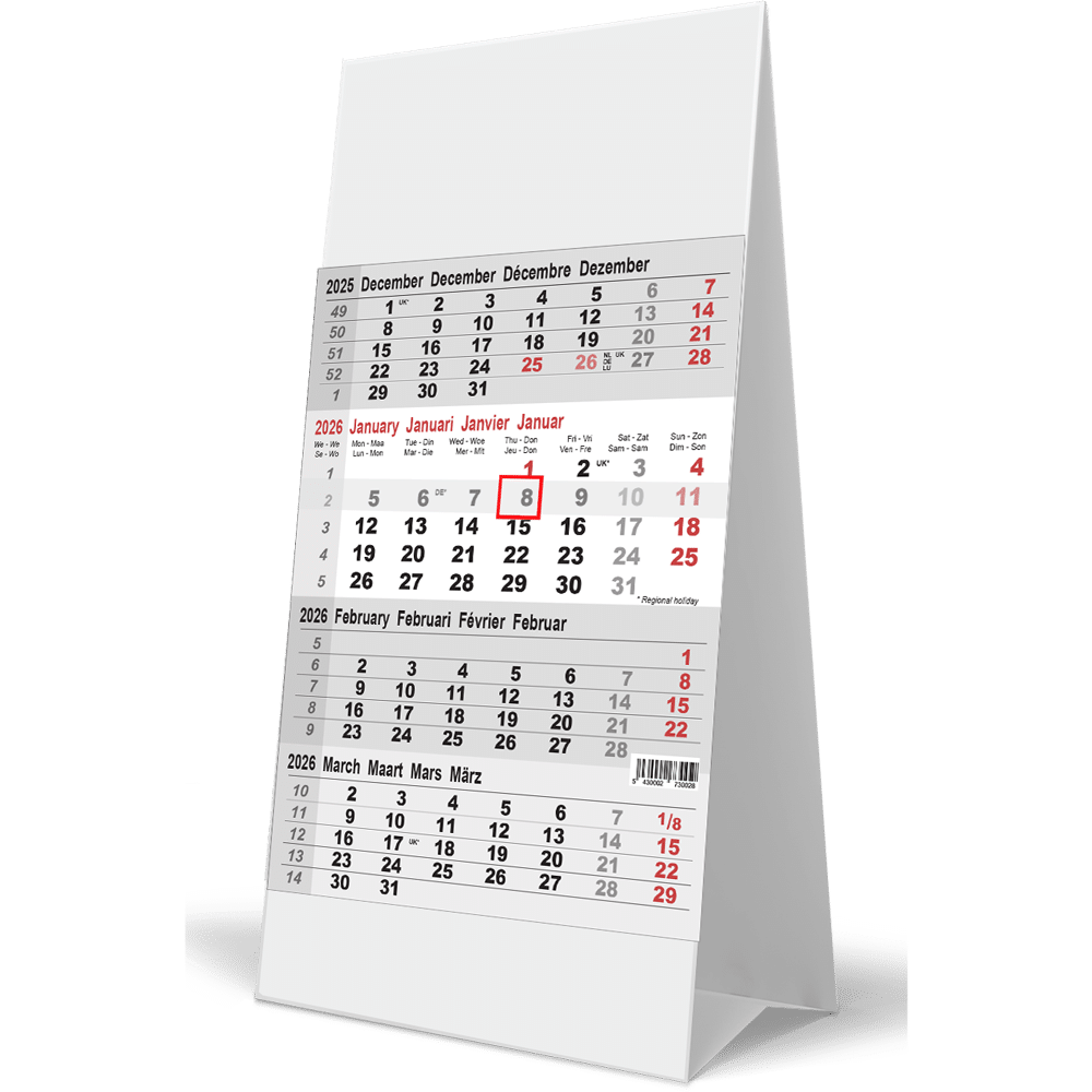Calendrier de bureau 4 mois 2026