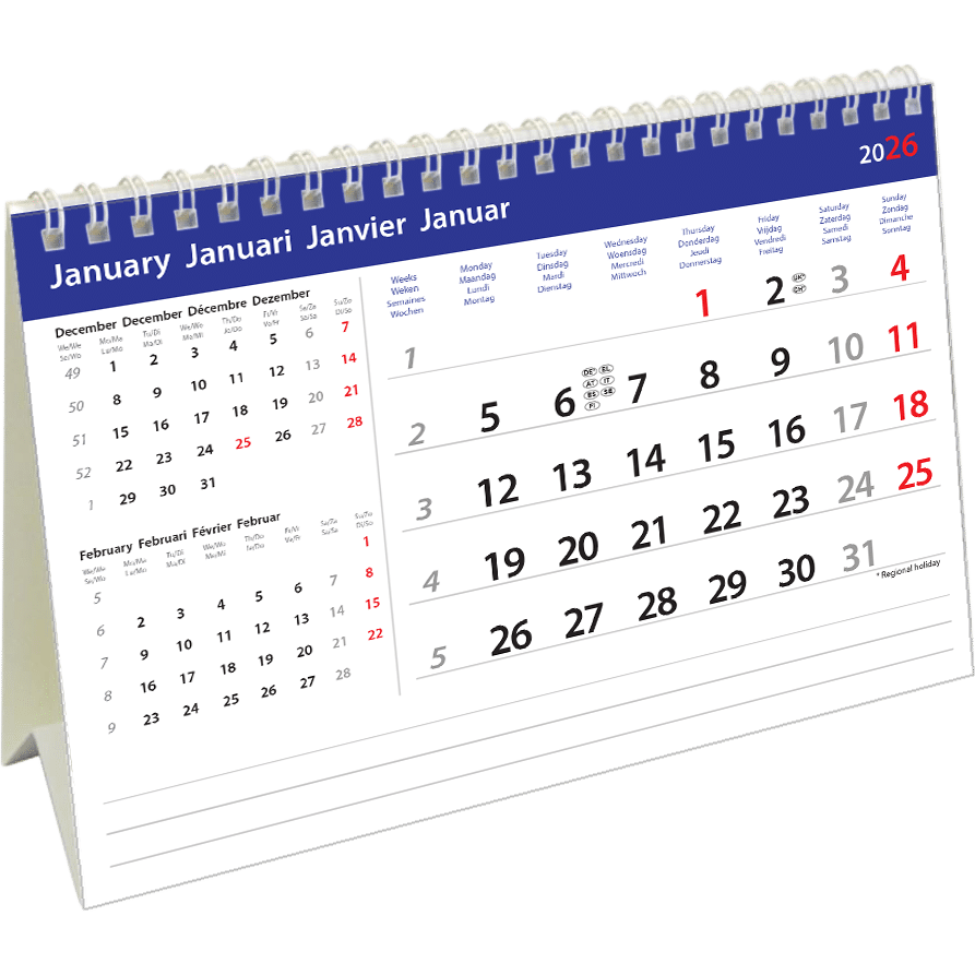 Calendrier de bureau Belgium 2026