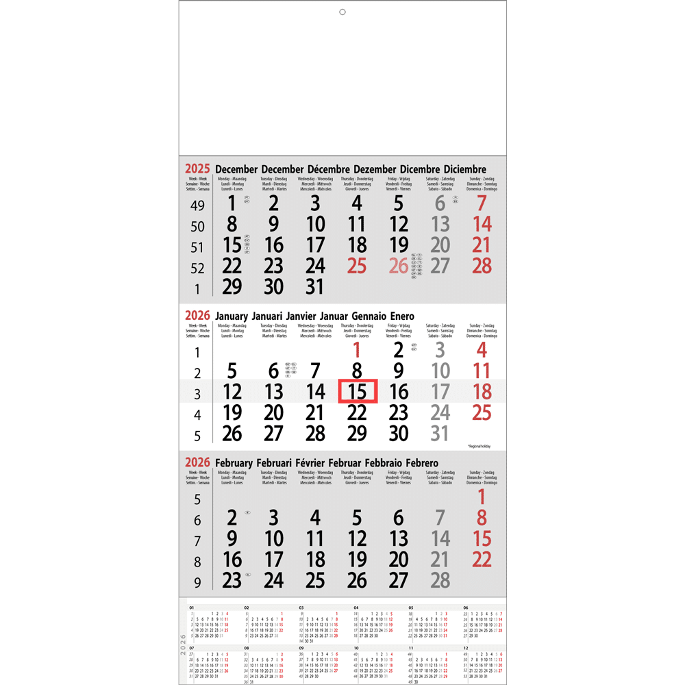 Calendrier trimestriel Classic avec récapitulatif annuel 2026
