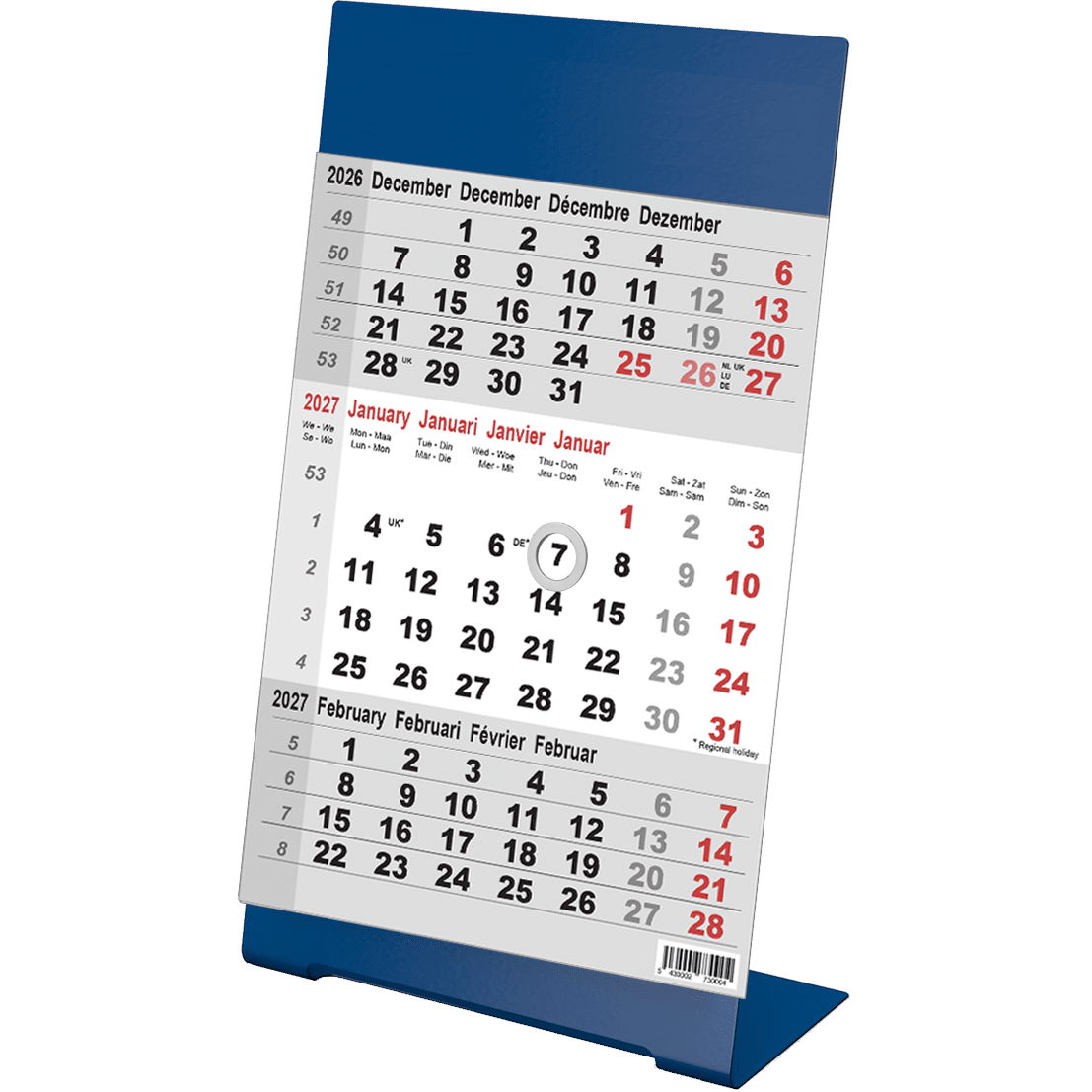 Calendrier de bureau 2027 3 mois Color bleu
