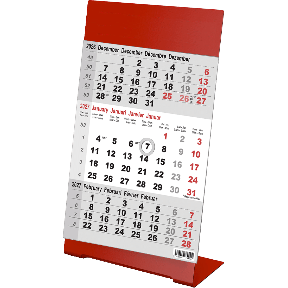 Calendrier de bureau 2027 3 mois Color rouge