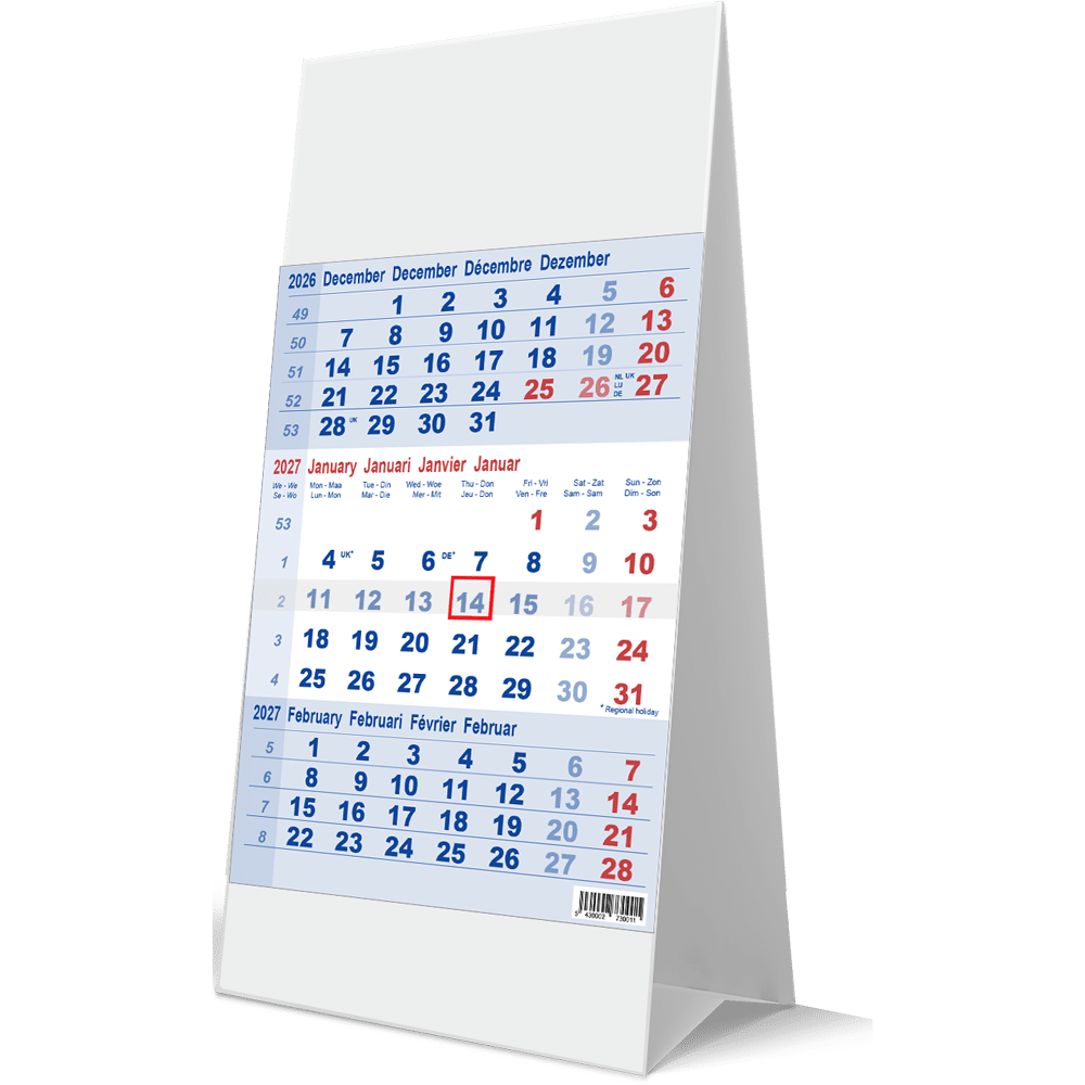 Calendrier de bureau 2027 3 mois bleu