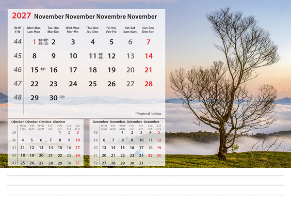 Calendrier chevalet Beautiful Nature 2027 - Novembre Calendrier chevalet Beautiful Nature 2027 - Novembre