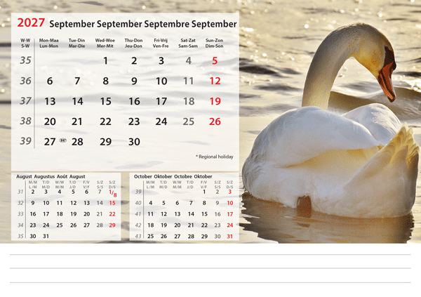 Calendrier chevalet Beautiful Nature 2027 - Septembre Calendrier chevalet Beautiful Nature 2027 - Septembre