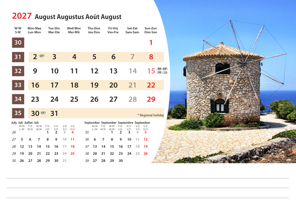 Calendrier chevalet Mediterranean 2027 - Août Calendrier chevalet Mediterranean 2027 - Août