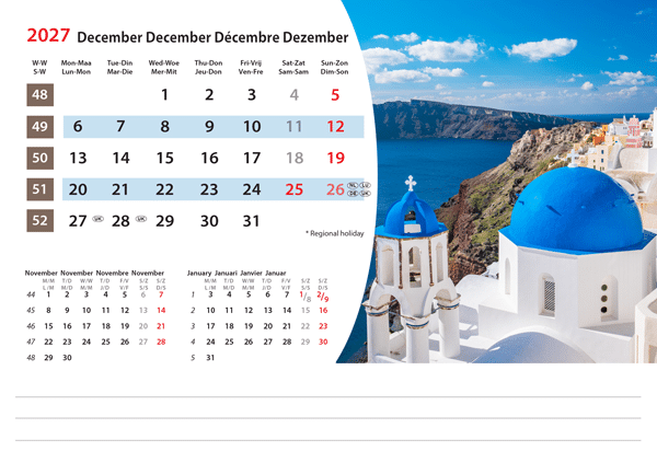 Calendrier chevalet Mediterranean 2027 - Décembre Calendrier chevalet Mediterranean 2027 - Décembre