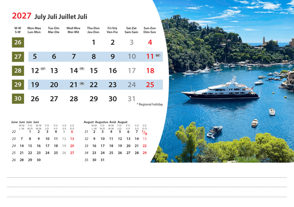 Calendrier chevalet Mediterranean 2027 - Juillet Calendrier chevalet Mediterranean 2027 - Juillet