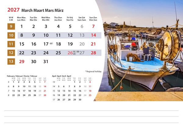 Calendrier chevalet Mediterranean 2027 - Mars Calendrier chevalet Mediterranean 2027 - Mars
