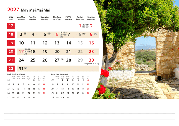 Calendrier chevalet Mediterranean 2027 - Mai Calendrier chevalet Mediterranean 2027 - Mai