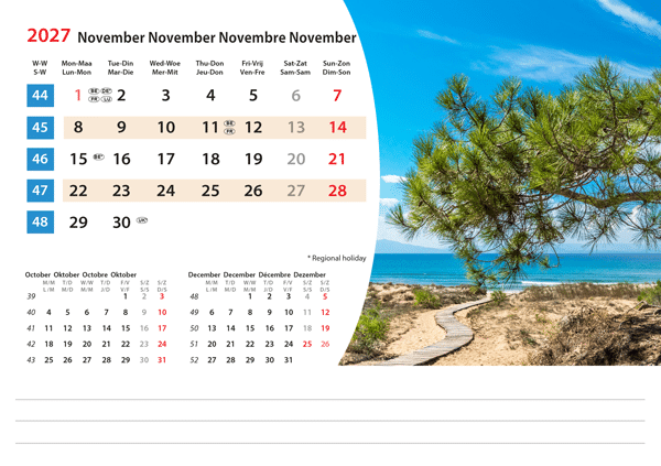 Calendrier chevalet Mediterranean 2027 - Novembre Calendrier chevalet Mediterranean 2027 - Novembre