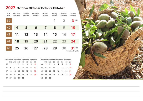 Calendrier chevalet Mediterranean 2027 - Octobre Calendrier chevalet Mediterranean 2027 - Octobre