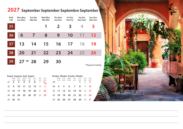Calendrier chevalet Mediterranean 2027 - Septembre Calendrier chevalet Mediterranean 2027 - Septembre